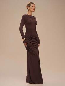 SHEIN BAE 纯色长袖露背系带褶饰优雅连衣裙，适合秋冬季，伴娘服，生日礼服，正式场合礼服，日常穿着 - 棕色 - 查看 6