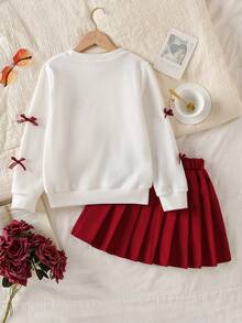 Genkimix Kids 2pcs/Set Tween Girl Christmas Autumn/Winter Korean Fashion Chic Girls Outfit, Bow Decor Sweet Round Neck Long Sleeve Top + Pleated Skirt 2 Pieces - Red - View 2