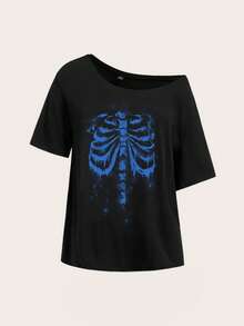 SHEIN EZwear Casual Minimalist Skull Print Dropped Shoulder Women T-Shirt, Suitable For Summer Graphic - Black - View 4