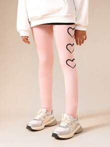 SUMWON Paquete de 2 leggings de niña preadolescente con estampado de corazones, pantalones casuales de largo completo y elásticos para la escuela y uso diario - Multicolor - Ver 2