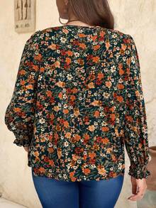 EMERY ROSE Plus Size Floral V-Neck Long Sleeve Shirt - Multicolor - View 2
