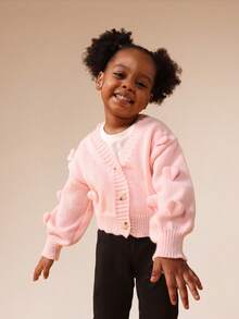 SUMWON Chaqueta de punto corta con botones rosa para niñas, con pompones en forma de corazón y mangas largas - Rosa Pálido - Ver 4