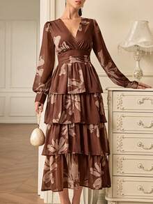 EMERY ROSE 优雅淑女分层蛋糕裙V领雪纺拉丝印花长袖连衣裙/随机印花 - 彩色 - 查看 5