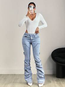 SHEIN Tall Tall Waist Flare Leg Washed Denim Jeans - Light Wash - View 6