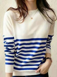 INAWLY 女式休闲条纹立领长袖毛衣