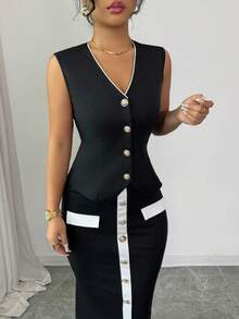 Rafferiza 女式撞色镶边V领无袖修身西装套装 - 黑與白 - 查看 6