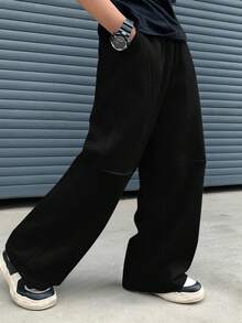 SHEIN 青少年男孩休闲百搭运动裤，适合通勤、上学、日常休闲装、运动、秋冬季 - 黑色 - 查看 4