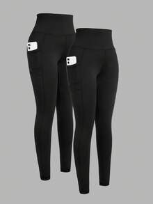 SHEIN Girlism 2pcs/Set Tween Girl Stretchy Casual Minimalist Versatile Comfortable Phone Pocket Leggings, Multi-Pack, School, Campus, College