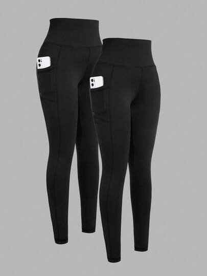 SHEIN Girlism 2pcs/Set Tween Girl Stretchy Casual Minimalist Versatile Comfortable Phone Pocket Leggings, Multi-Pack, School, Campus, College