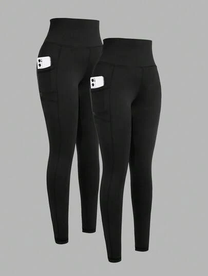 SHEIN Girlism 2pcs/Set Tween Girl Stretchy Casual Minimalist Versatile Comfortable Phone Pocket Leggings, Multi-Pack, School, Campus, College