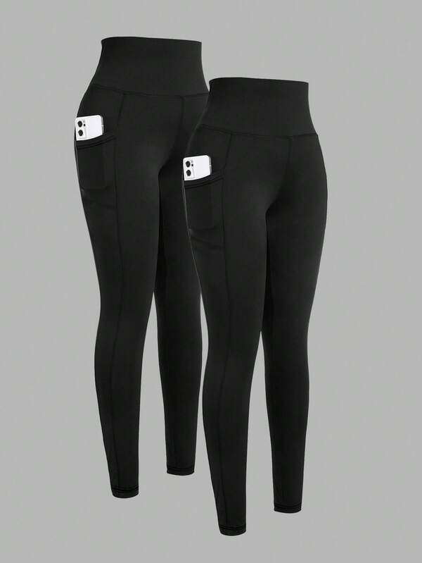 SHEIN Girlism 2pcs/Set Tween Girl Stretchy Casual Minimalist Versatile Comfortable Phone Pocket Leggings, Multi-Pack, School, Campus, College