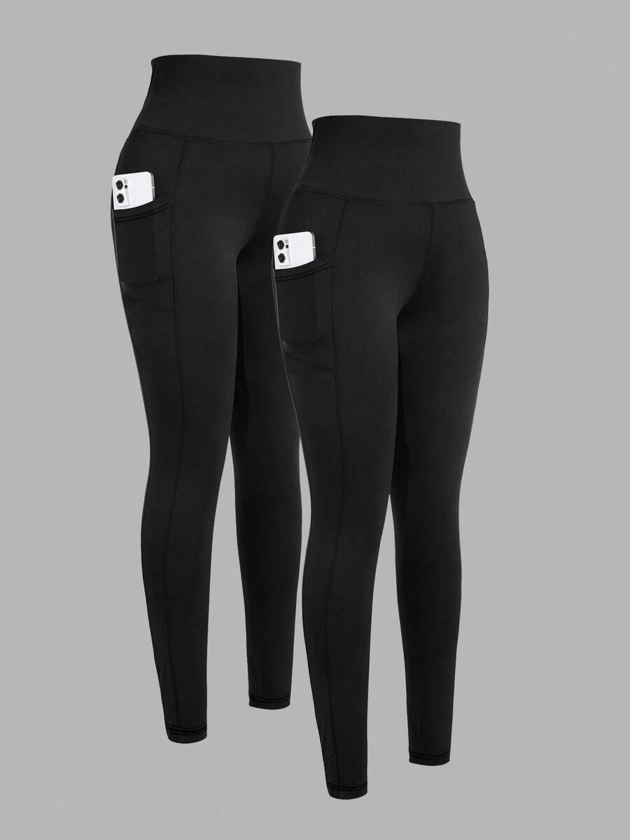SHEIN Girlism 2pcs/Set Tween Girl Stretchy Casual Minimalist Versatile Comfortable Phone Pocket Leggings, Multi-Pack, School, Campus, College