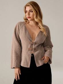 Auralis Plus Size Women's Autumn And Winter Elegant And Comfortable Daily Khaki Belt Buckle V-Neck Jacket,Fall,Winter Coats,Y2k,Women's Winter Fall/Winter - Khaki - View 5