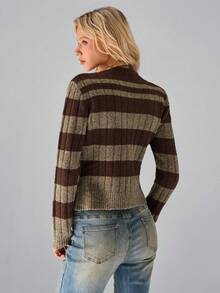 SHEIN TRNDY 1 件女式套头毛衣，棕色，复古简约通勤风格，圆领，拼色条纹长袖，针织，休闲，秋冬 - 棕色 - 查看 2