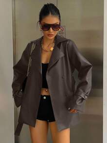 DAZY 女士休闲系带翻领西装外套，常规版型，秋季女式外套 - 咖啡棕 - 查看 4