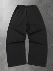 ROMWE MEN Street Life 男士休闲时尚街头水钻抽绳腰部宽松阔腿运动裤 - 黑色 - 查看 2