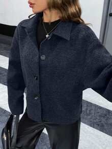 EURMUSE Buttom Detlied Overcoat, Business Wear - Navy Blue - View 4
