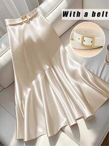 GlowEve 女士优雅休闲喇叭裙，配腰带和金属装饰，适合度假、通勤、日常穿着，欧美风格，采用舒适府绸面料制成，适合外出、约会、度假、休闲聚会、购物等