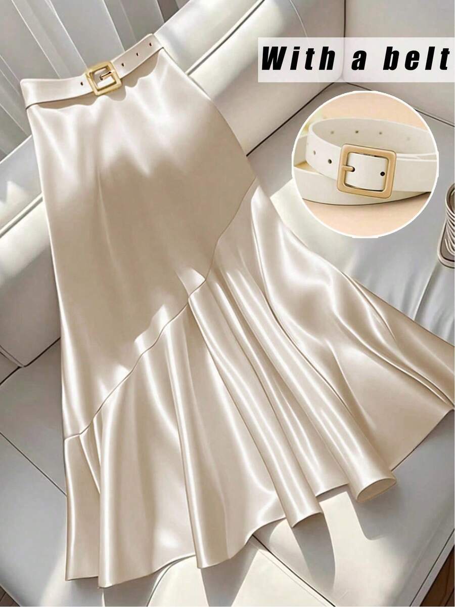 GlowEve 女士优雅休闲喇叭裙，配腰带和金属装饰，适合度假、通勤、日常穿着，欧美风格，采用舒适府绸面料制成，适合外出、约会、度假、休闲聚会、购物等