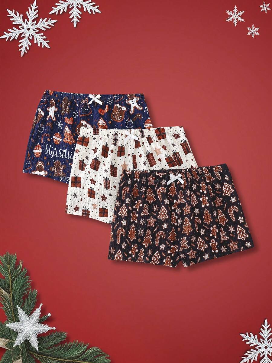 Notgurli 3 件套睡裤套装，糖果格子，圣诞雪人和雪花姜饼，泡泡皱，Y2K 俏皮女孩，女士家居服下装 - 彩色 - 查看 1