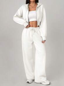 SHEIN PETITE Casual Solid Color Hoodie And Sweatpants Set - White - View 3