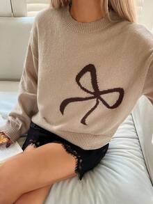 DAZY 女士蝴蝶结提花套头针织毛衣 - 杏色 - 查看 4