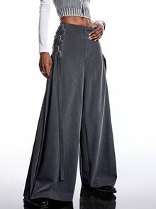 LYSMO Neuheit Herbst/Winter 2025: Minimalistischer Damen-Rock Einfarbig, Schnürung, Faltenrock, Vintage-Stil, weites Bein, grauer Rock, langer Wickelrock, Binderock, Faltenrock