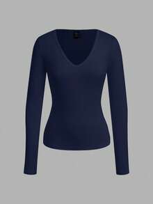 SHEIN EZwear 3 件套女士深 V 领修身休闲长袖 T 恤套装，秋冬 - 彩色 - 查看 5