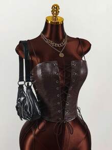 Amplova Party Girl Textured PU Hollow Strap Women Tank Top - Brown - View 4
