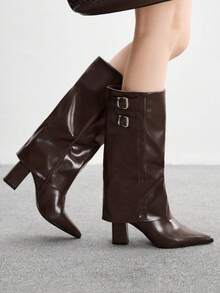 CUCCOO BIZCHIC High Shaft Pointed Toe Chunky Heel Side Zipper European And American Fashion Women Boots - Brown - View 1