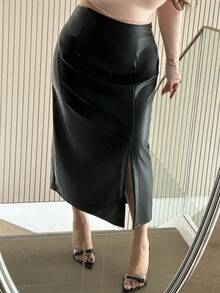 Dazy Plus Plus Size Women Elegant PU Leather Solid Color Casual Straight Skirt With Side Slit - Black - View 5