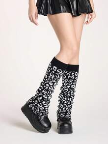 ROMWE Goth 1双可爱卡哇伊爱心豹纹白底阔腿套 - 白黑色 - 查看 2