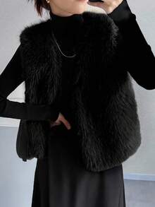 FRIFUL 女士灰色纯色无袖蓬松背心，宽松休闲百搭叠穿蓬松外套，秋季女士外套 - 黑色 - 查看 3