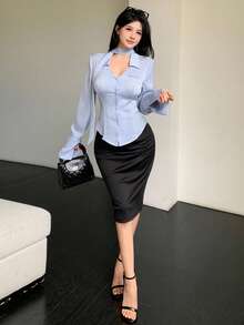 Celisse 女式条纹缎面翻领 V 领系带腰部开衩下摆衬衫 - 藍色 - 查看 5