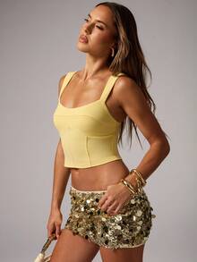 Avenya Women's Golden Yellow Square Neck Halter Bodycon Camisole Top & Gold Sequin Low Waist Mini Skirt Set,Summer 70s Night Out Party Clubwear Outfits - Yellow - View 3