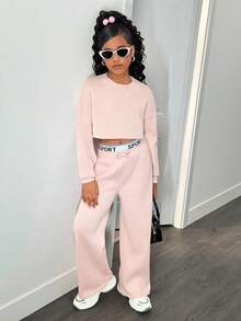 SHEIN Tween Girls Pastel Pink Autumn Cow Boy School Back-To-School Casual Loose Drop Shoulder Sweatshirt & Pleated Letter Waistband Sweatpants 2 Piece Set - Baby Pink - View 4