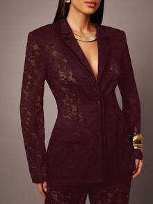 Silquee Blazer de encaje de un solo botón para mujer - Burdeos - Ver 5