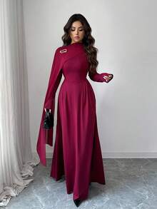 Islaluna Robe élégante urbaine en mousseline de soie avec patchwork, col montant, manches longues, coupe évasée, avec décoration de broche en métal. Convient pour la remise des diplômes, les événements de vacances, les sorties, les mariages, l'automne/hiver