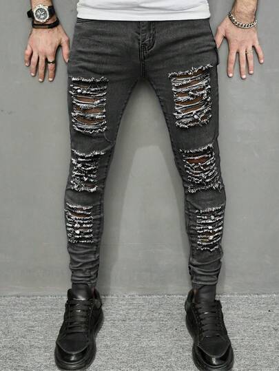 Manfinity Roughcore 男士破洞简约休闲牛仔裤