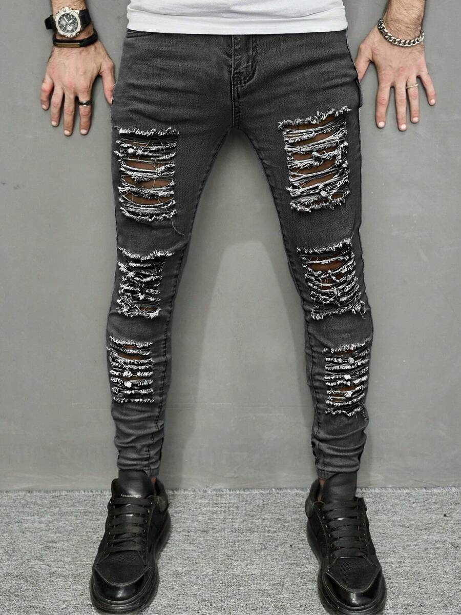 Manfinity Roughcore Stylish Grey Denim Skinny Jeans For Men With Ripped Details Long Length - Grey - View 1