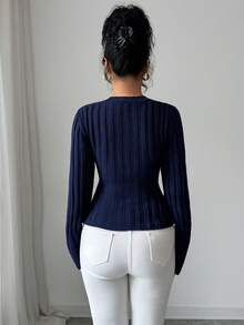 Elenzga Women's Ribbed V-Neck Long Sleeve Sweater, Fashionable For Autumn/Winter - Navy Blue - View 2
