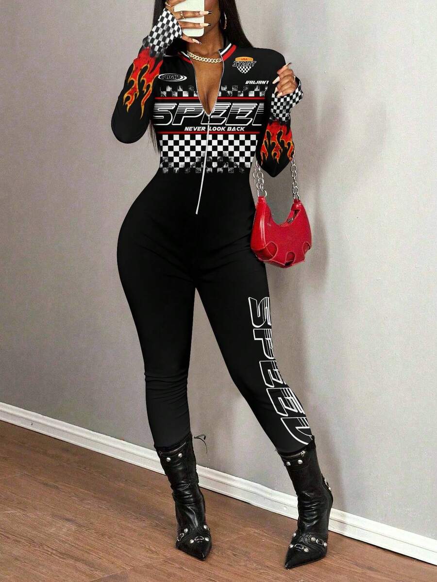 Slaydiva Casual Street Fashion Y2K Flame Checkerboard Letter Print Long Sleeve Front Zipper Jumpsuit, Comfortable For Autumn/Winter - Multicolor - View 1
