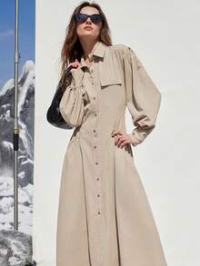 Aveloria Modichic Elegant Waist Cinched Solid Color Long Sleeve Dress, Fashionable & Versatile, Suitable For Commuting, European & American Style, Autumn/Winter - Khaki - View 4