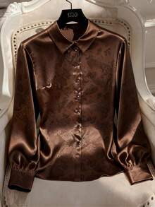 Franclia Elegant French Style Solid Color Satin Jacquard Blouse, Casual Everyday Wear, Office Commute, Suitable For Women, Spring/Autumn - Brown - View 1