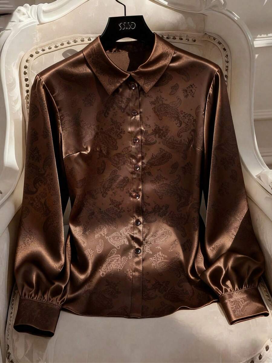 Franclia Elegant French Style Solid Color Satin Jacquard Blouse, Casual Everyday Wear, Office Commute, Suitable For Women, Spring/Autumn - Brown - View 1