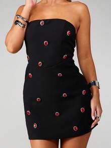 MISSGUIDED Strapless Bandeau Mini Dress With Red Crystal Embellished Button Details Bodycon Party Evening - Black - View 5