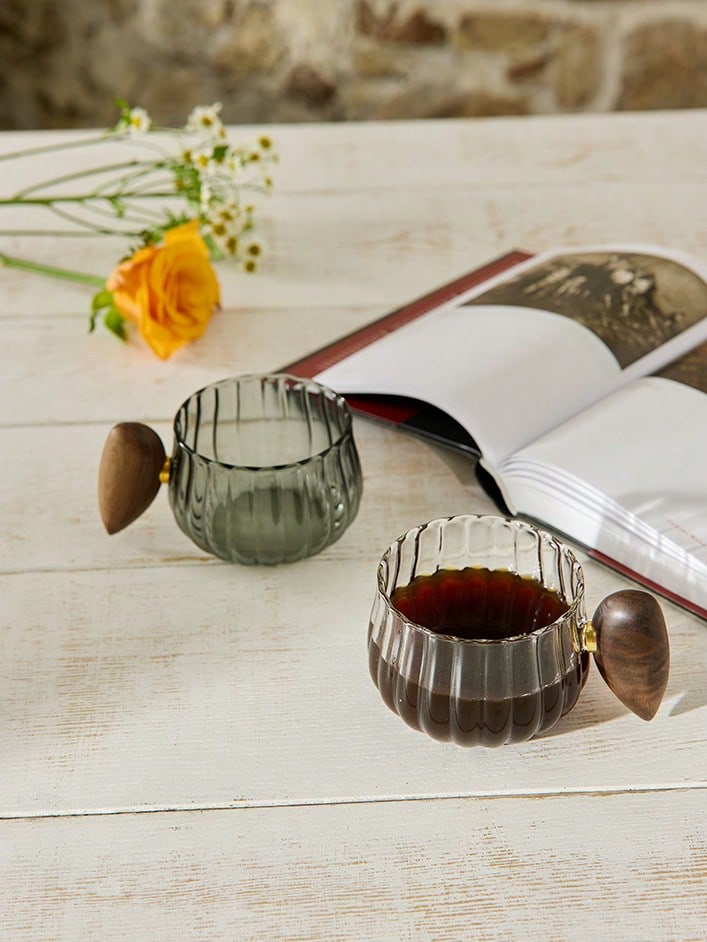 Cirelle 1pc Transparent/Grey Wooden Handle Glass Cup Back To School - Army Green - View 1