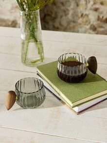 Cirelle 1pc Transparent/Grey Wooden Handle Glass Cup Back To School - Army Green - View 4