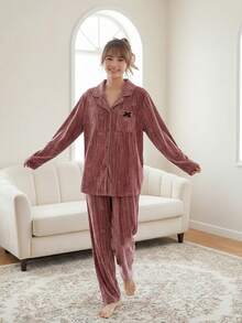 SHEIN Teen Girls Simple Fashion Casual Solid Color Velvet Embossed Fabric Bow Decor Long Sleeve Pants 2 Pieces Pajama Set Pink Pajama Set 2 Pieces Pj Set Velvet Pajama Set Bow Print Pajama Set Red Pj Set Women 2 Piece Pj Set - Dusty Pink - View 1