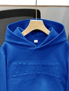 SHEIN Teen Boys' Casual Hooded Sweatshirt, Embossed English Text, Long Sleeve, Autumn, Winter, Sports, Baby Blue, Y2k, Graduation, Back-To-School, Versatile Sweatshirts - Royal Blue - View 10